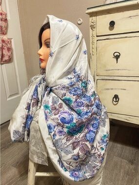 Elegant White Floral Silk Headscarf with Blue & Teal Accents